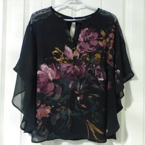 LE CHATEAU black flutter sleeve floral chiffon top
